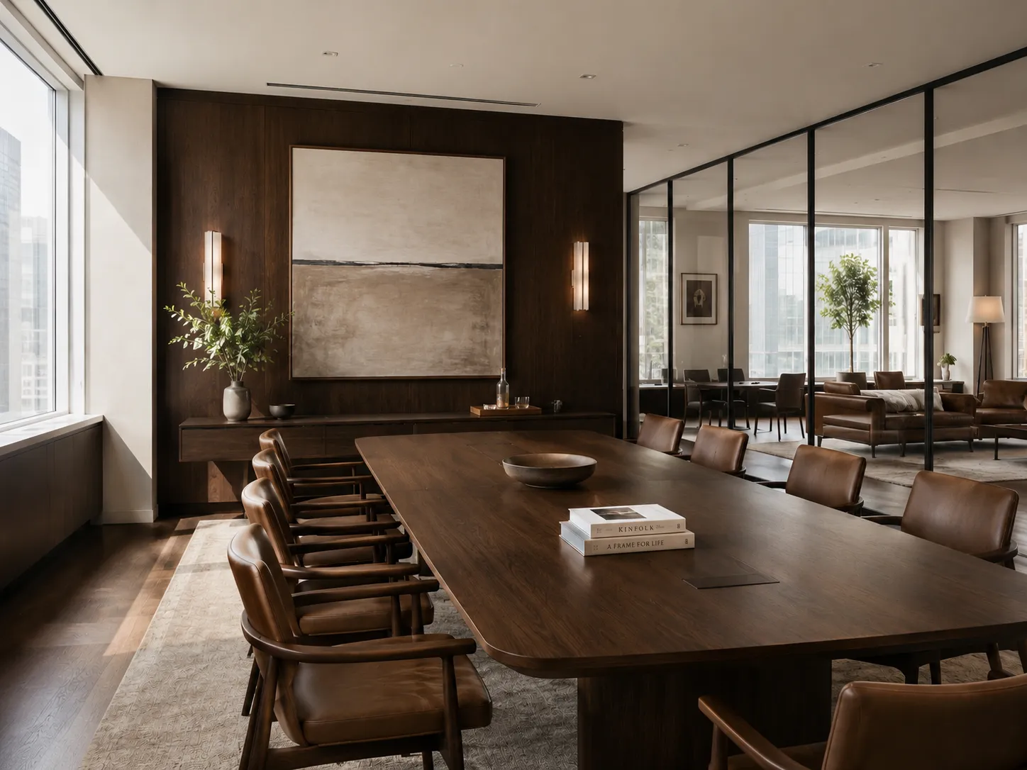 A warm wood-panelled boardroom with a long table and tan leather chairs, a large abstract artwork on the wall, and floor-to-ceiling windows.