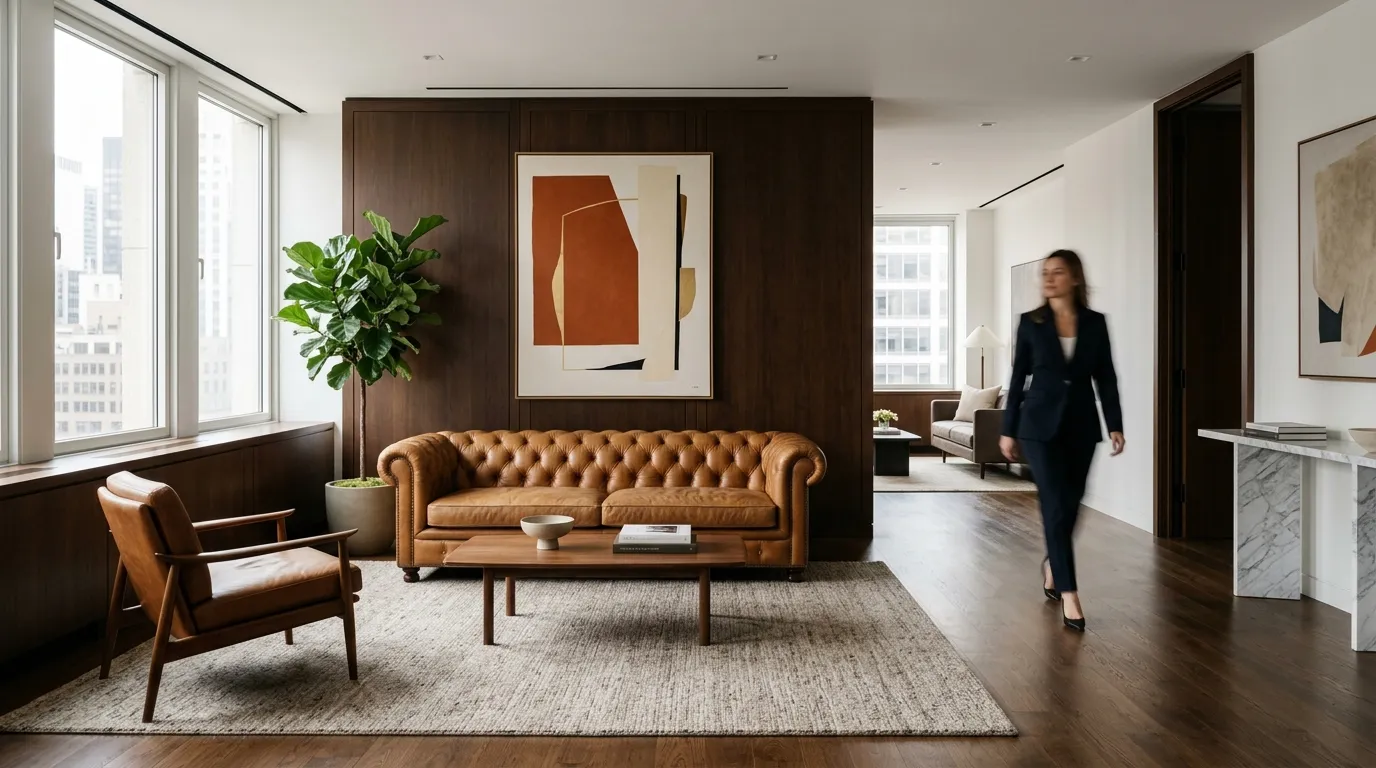 A sunlit office lounge with a tan leather sofa as a team member walks through.